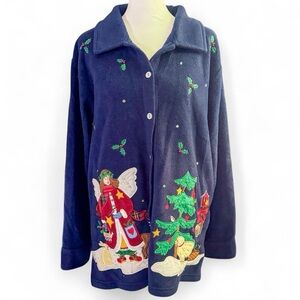 Quacker Factory Festive Blue Fleece Jacket with Holiday Embroidery